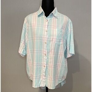 Pink and Blue Pastel Plaid‎ Button-Down Shirt, Women's Size Medium